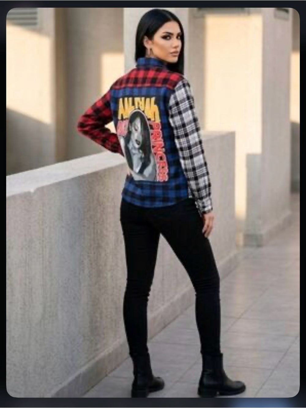 Plaid Patchwork Women's Jacket with Graphic Back - Multicolor